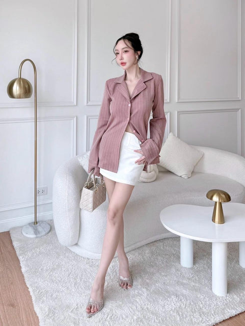 Stripes Collar Fitted Shirts With Skirts